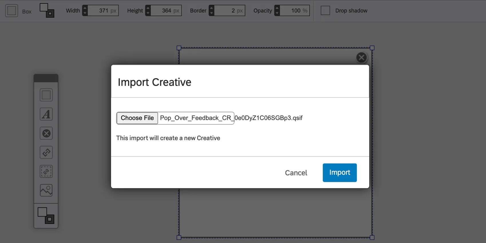 Import Creative window with a Choose File button to the left and the green Import button on the bottom-right