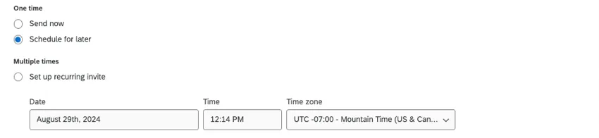 schedule for later makes a date, time, and time zone menu appear