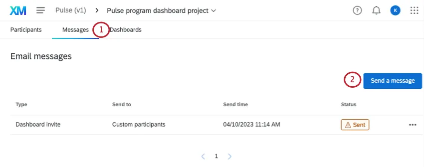 messages tab of pulse project