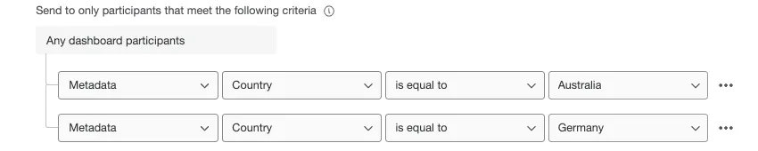 la condizione dice che ogni dashboard che soddisfa i seguenti criteri - il paese dei metadata è uguale a australia e il paese dei metadata è uguale a germania