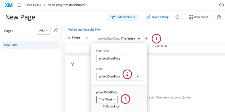 Filtern einer Seite nach den Daten des Projektstartdatums für die letzte Woche