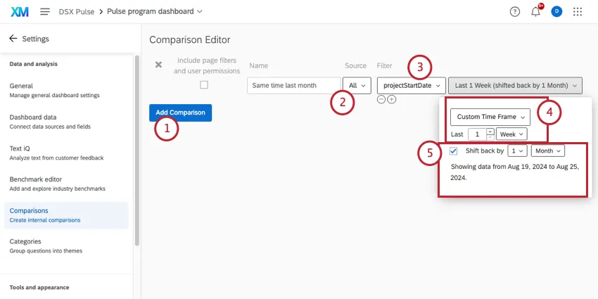 impostazione dei confronti nelle impostazioni di Dashboard
