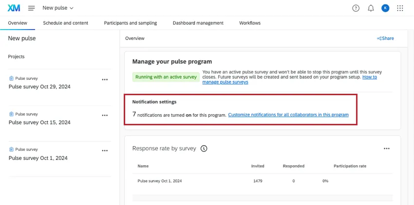 Benachrichtigungen auf der Registerkarte "Übersicht", sobald ein Puls gestartet wird