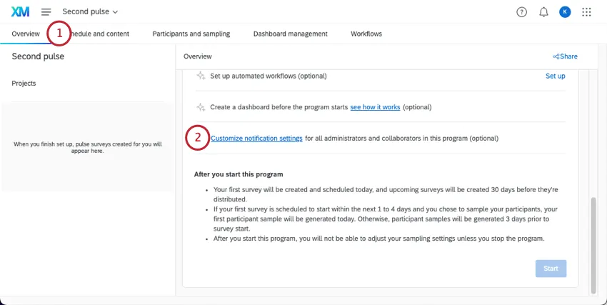 Customize notification settings button on overview tab