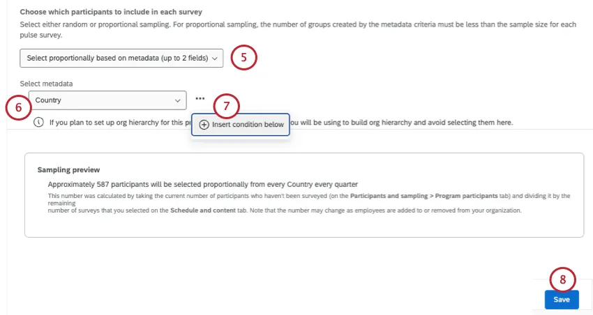 the bottom of the sampling page, complete with an example of what will happen with participant selection