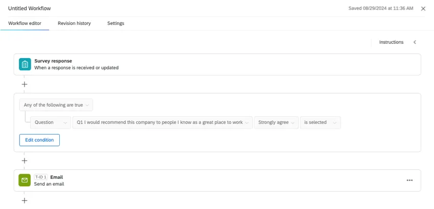 workflow where a survey response where respondents would highly recommend your company are sent an email