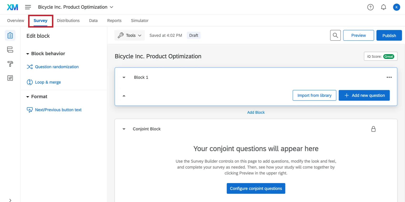 Survey tab selected upper-left