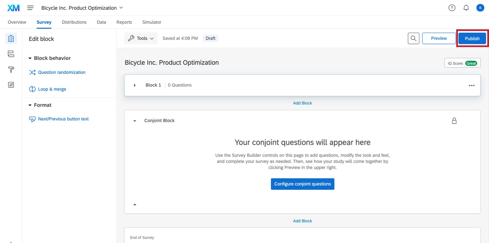 Botón publicar en la parte superior derecha de la barra de herramientas
