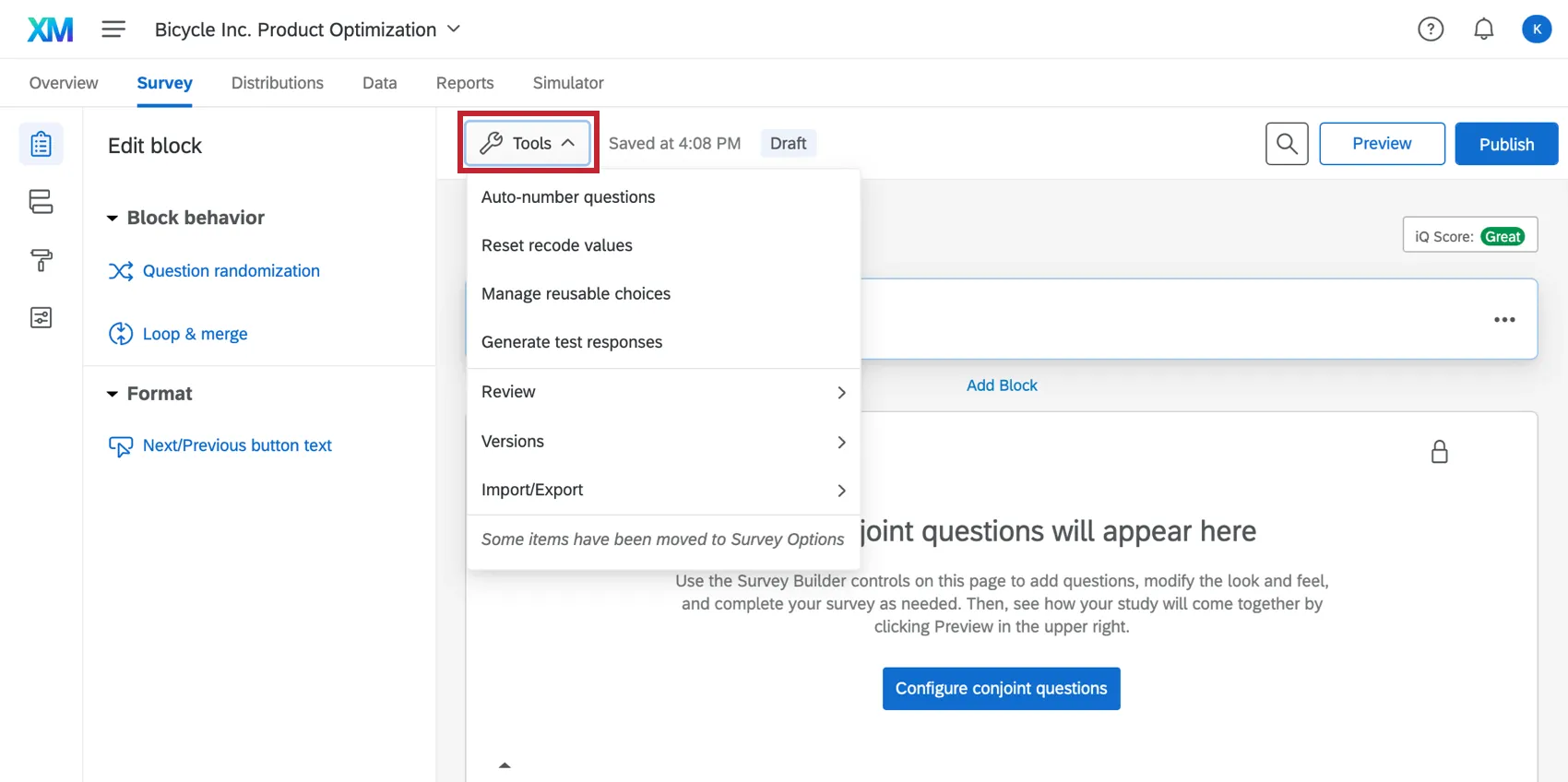 Extension du menu Outils