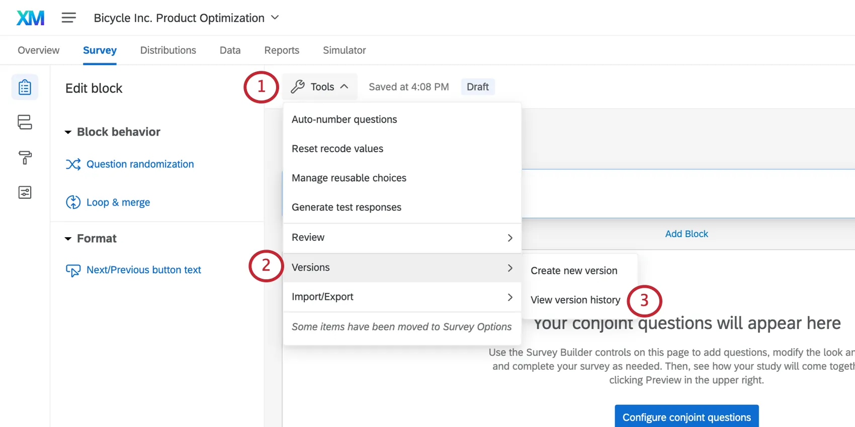 Sélection des versions dans le menu des outils de longlet Enquête