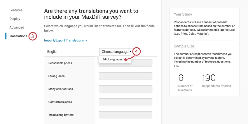 Traducciones seleccionadas a la izquierda, lista de atributos con campos para ingresar traducciones, encima de eso un menú desplegable de idioma