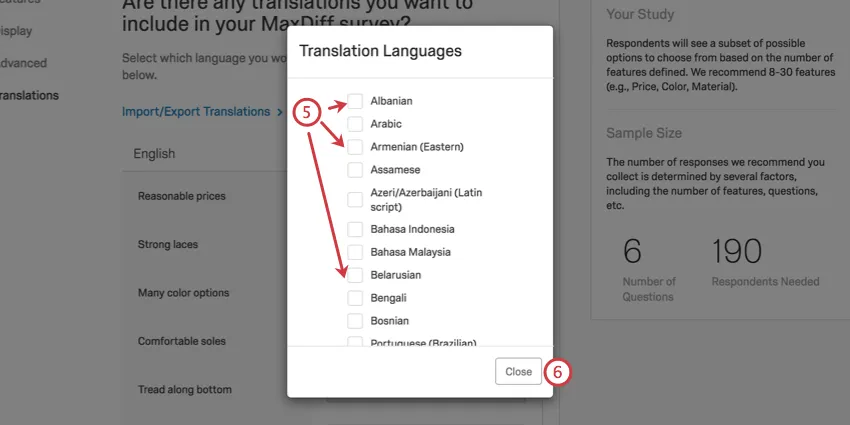 selecting checkboxes next to languages; close button in bottom-right