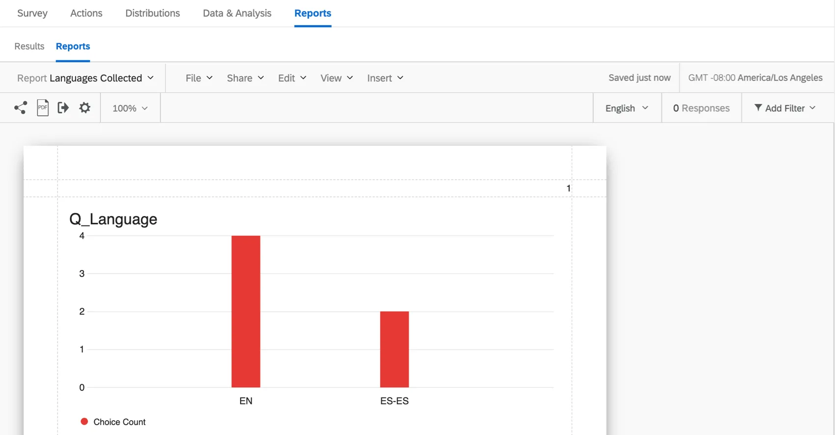 A survey language bar chart in the reports