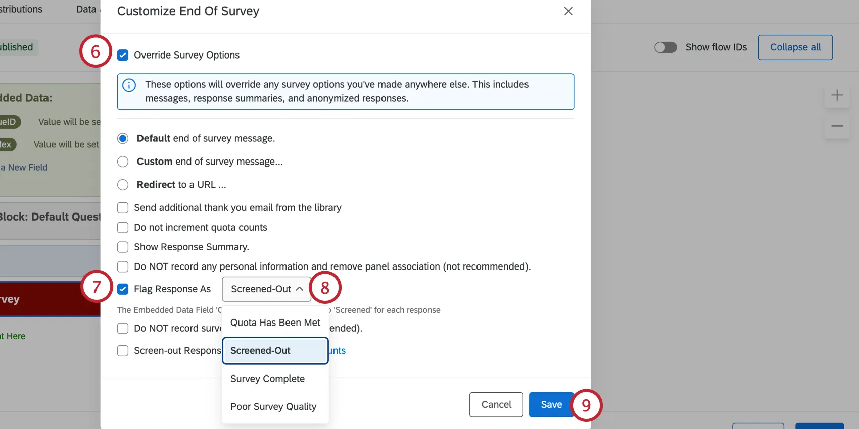 customizing the end of survey to choose a screen out reason