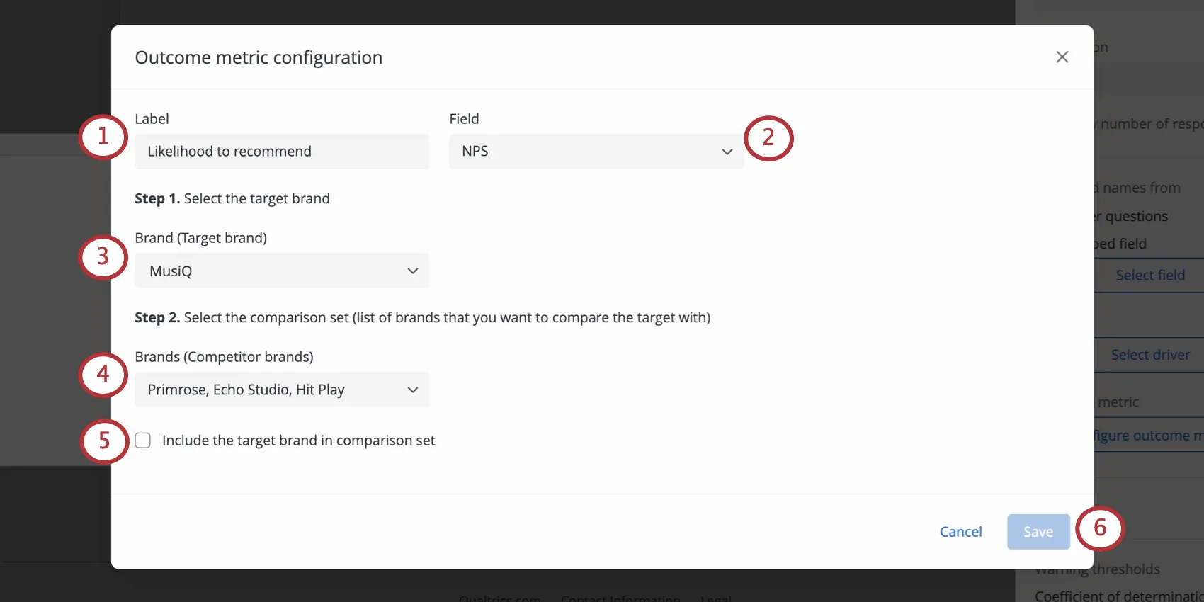 Una nueva ventana que se abre para la configuración de métricas de resultados.