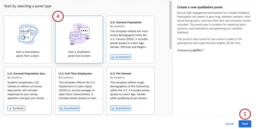 différentes options de panel ; le deuxième en violet est un panel qualitatif