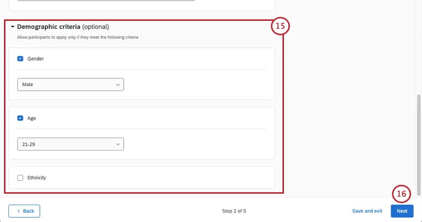 different demographic criteria that expand and show more options if you select them