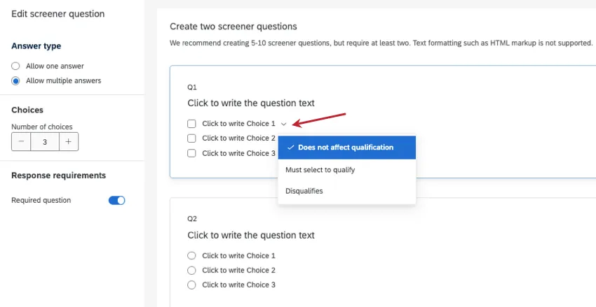 mostrare come accedere al menu delle qualifiche per le diverse risposte in una domanda di screening