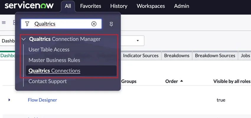 il menu di navigazione per accedere alle varie sezioni del Qualtrics Connection Manager