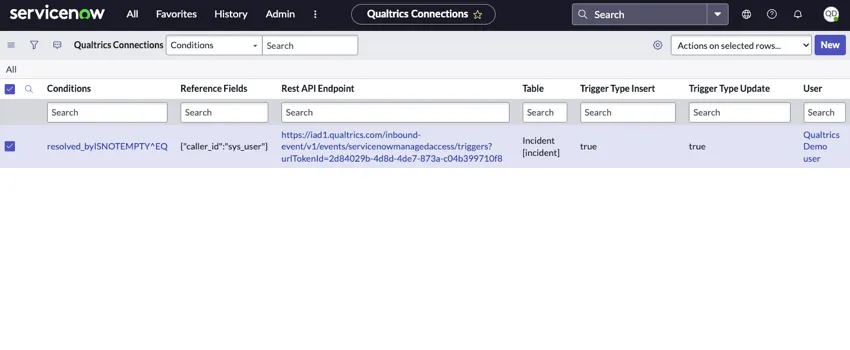 La sección de conexiones de qualtrics de la aplicación