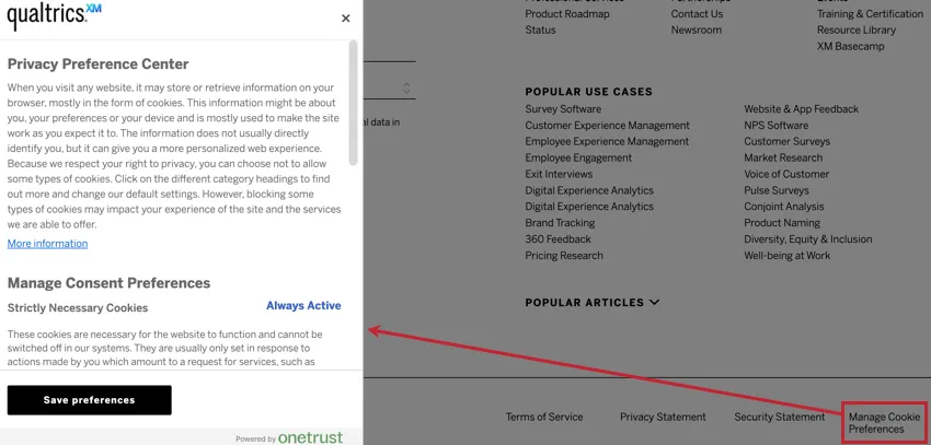 clicking "manage cookies preferences" on the Qualtrics website to open a panel to enable and disable cookies