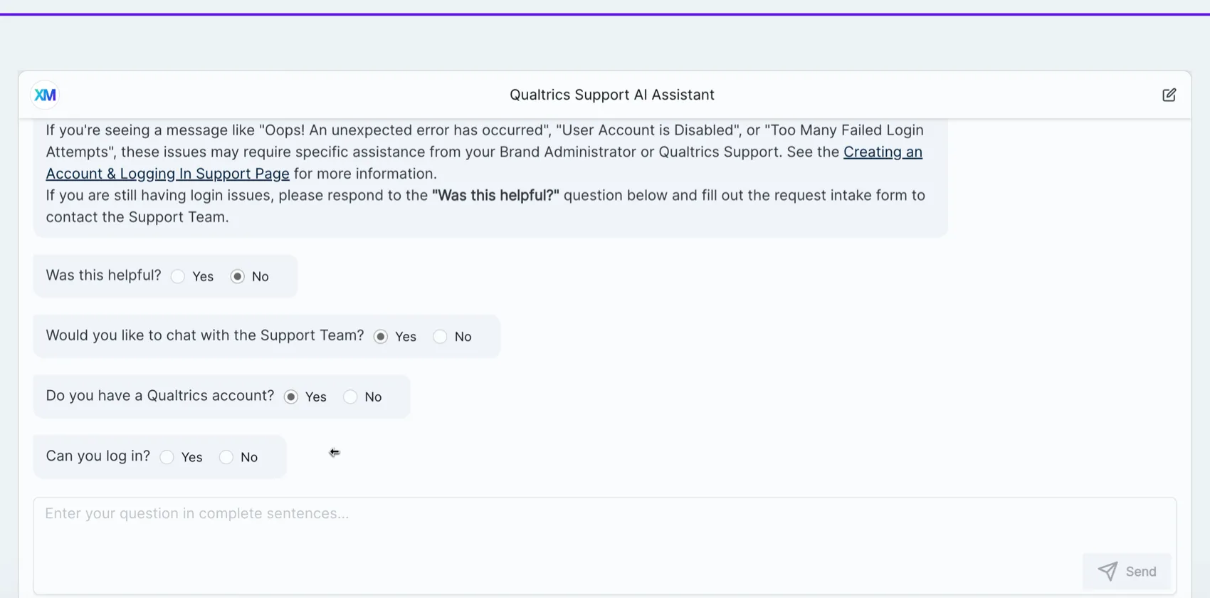 chatting with the Qualtrics Support AI Assistant