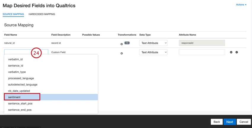 choosing a field to export