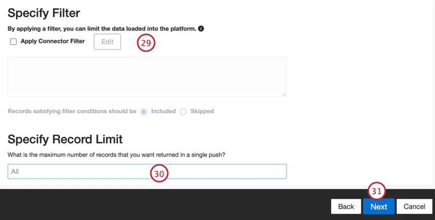 adding a connector filter and a record limit