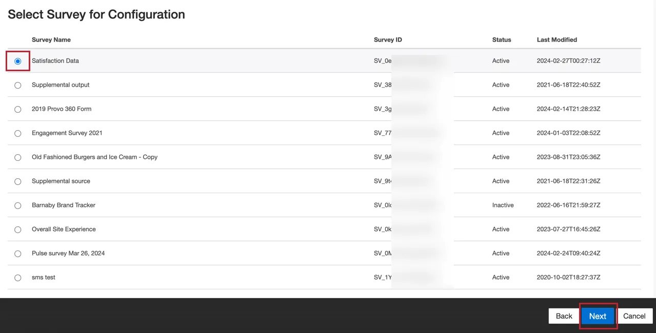 selecting a survey to export
