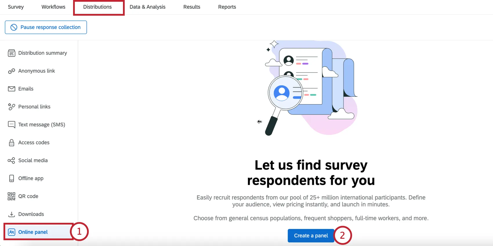 creating a new panel in the distributions tab of a survey