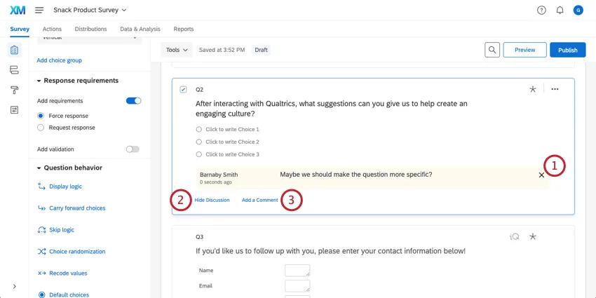 Opções adicionais para a nota, incluindo as opções para Ocultar discussão ou Adicionar um comentário; mostra o nome da pessoa que adicionou a nota, bem como um carimbo de data/hora