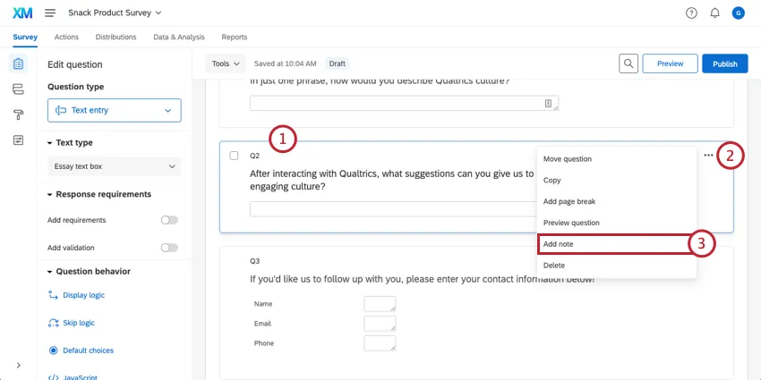 Adicionar uma nota a uma pergunta usando as opções de pergunta