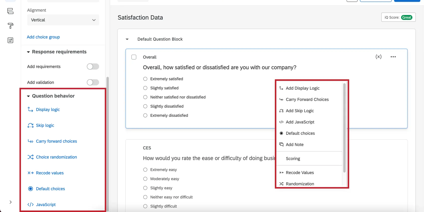 Question behavior menu on the left side and shown after right-clicking on the question itself