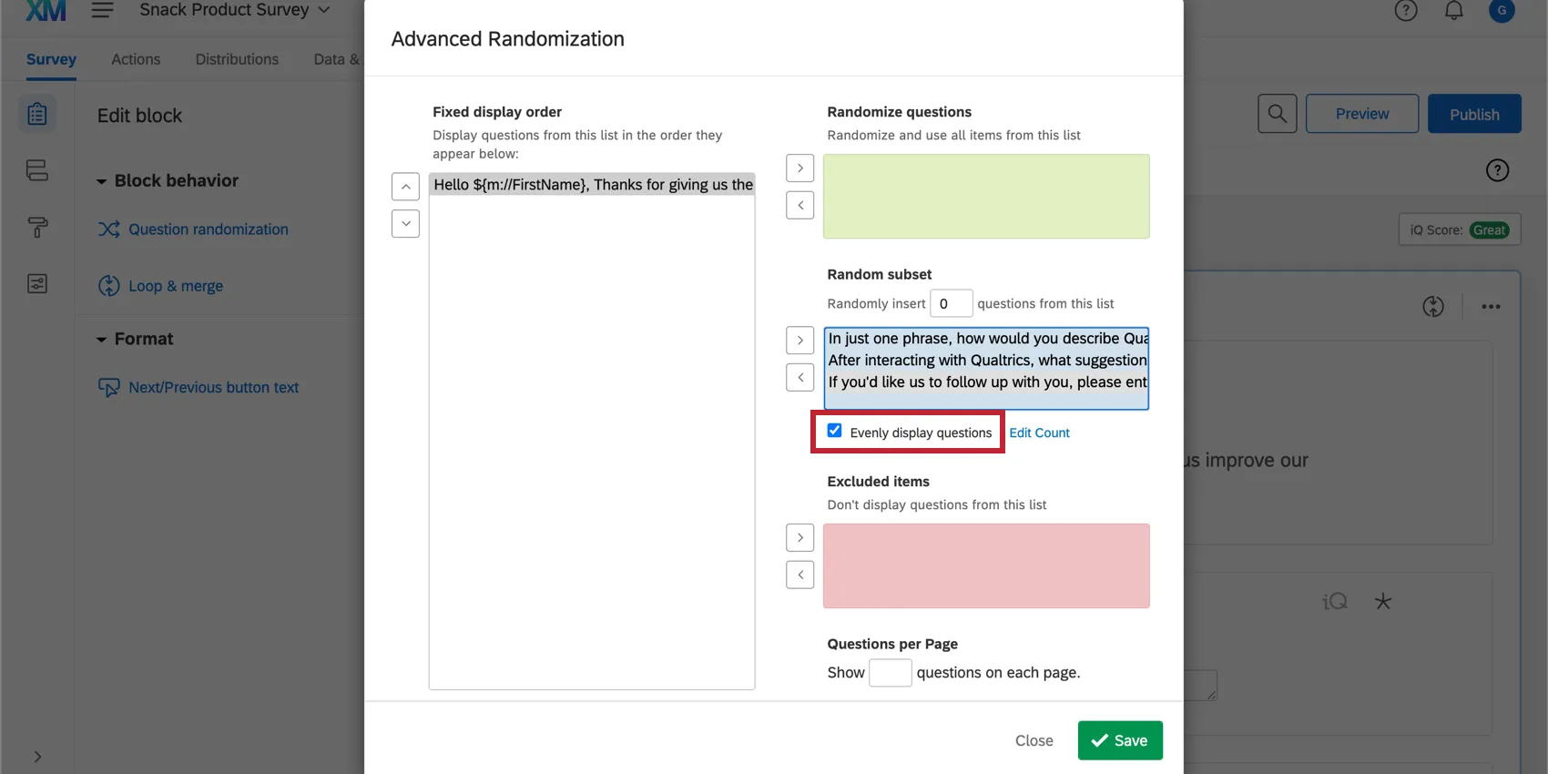 Option „Elemente gleichmäßig darstellen“ im Menü „Zufällige Untergruppe“