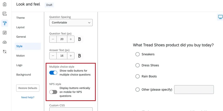 les options de style de la question dans la section style de la rubrique apparence &amp ; feel