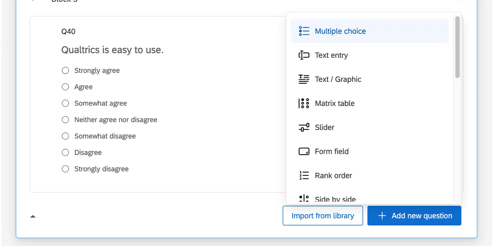 Der Dropdown-Pfeil weiter Neue Frage erstellen zeigt eine vollständige Liste der Fragetypen an.