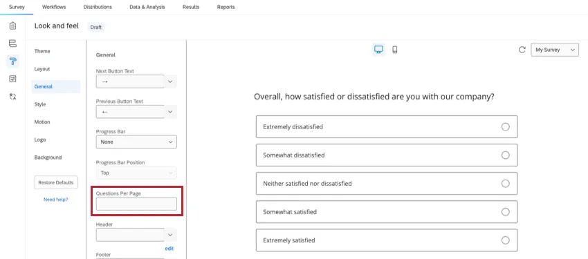 Option Questions par page dans l’éditeur Apparence