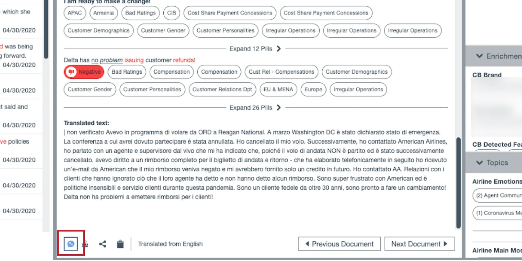 a opção de tradução rápida no explorador de documentos