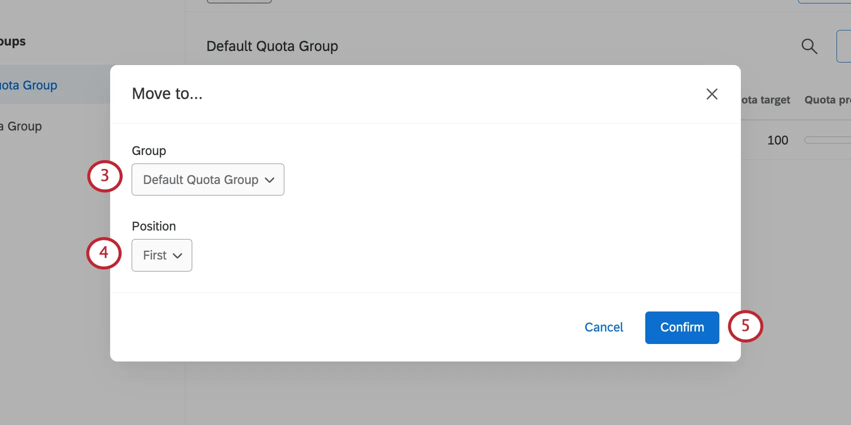 nova janela onde você seleciona o grupo e a posição