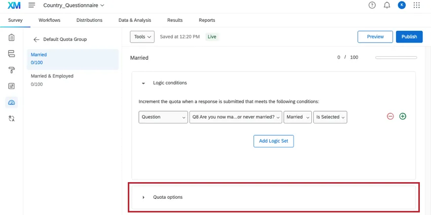 Quota options dropdown at the bottom of a quota