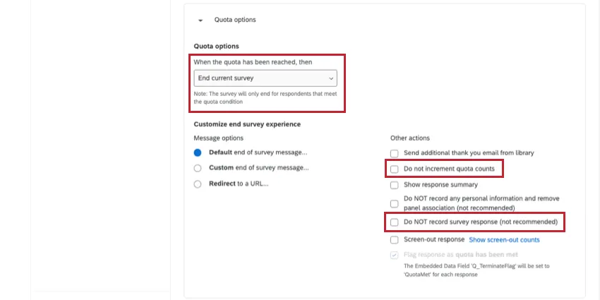 End current survey is selected. Under that are 2 columns of options - message options, where you can decide from a default message, custom message, or redirecting to a URL, and then additional actions on the right, which specify other things that should happen when a respondent finishes the survey