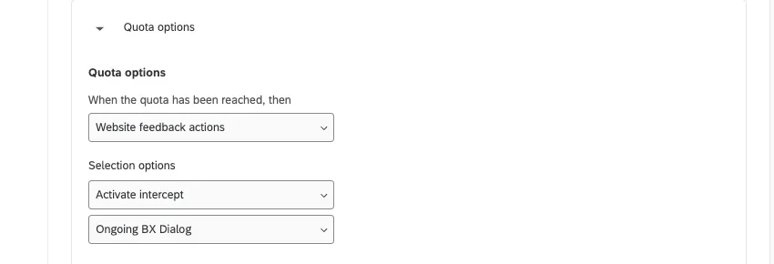 A quota. On the right under When the quota has ben met, then... Website / App Feedback is selected and the user is choosing between Activate and Deactivate intercept in the next dropdown menu