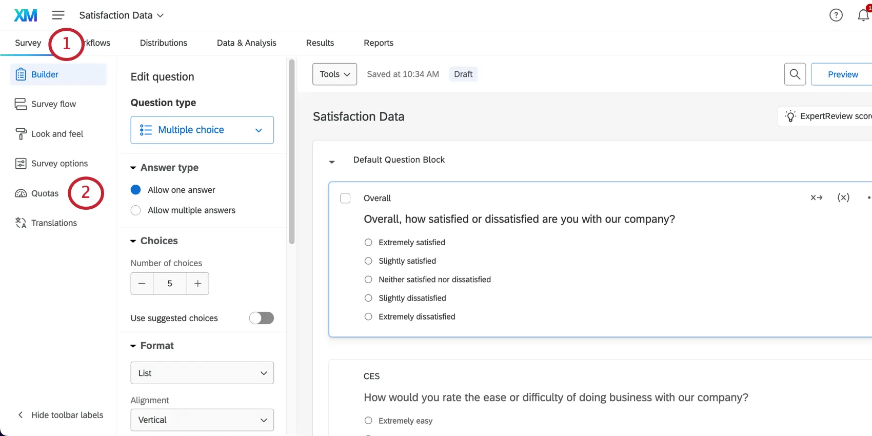 El menú de la izquierda se expande en la pestaña de encuesta . Las cuotas están resaltadas en la parte inferior y tienen un ícono de indicador.