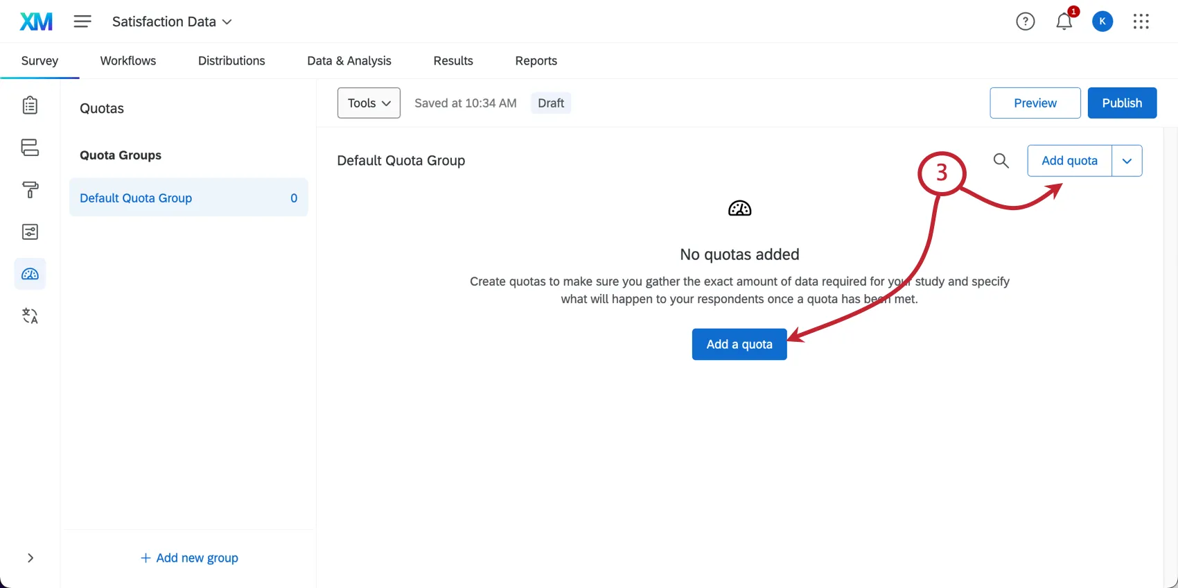 Quotas window has an Add a Quota button in the center and an Add quota button on the bottom towards the upper-right