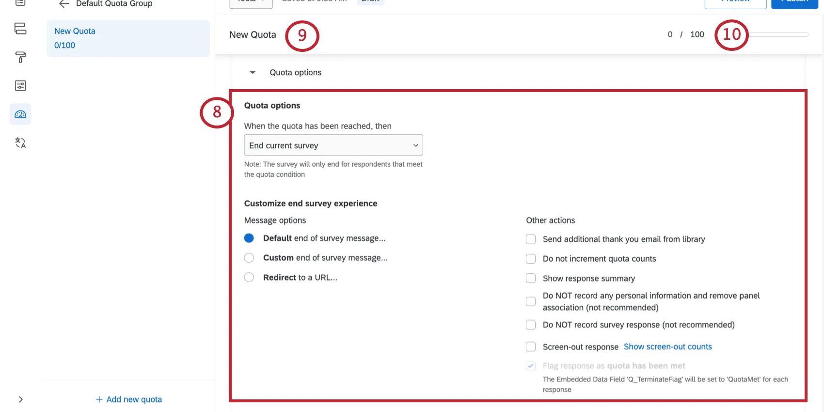 Quota options. Along top sticky bar, options for naming and setting quota counts