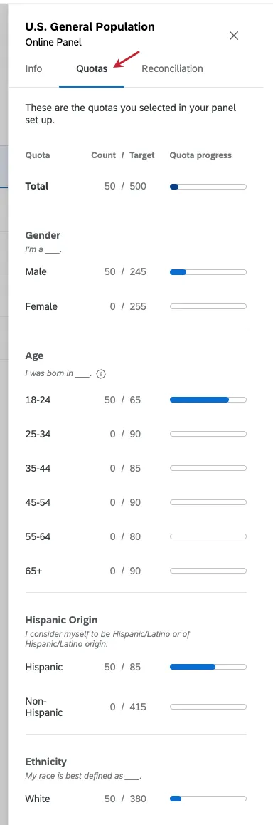 image du Panel qui apparaît lorsque vous cliquez sur un panneau comportant des quotas. montre la répartition de ce qui a été collecté