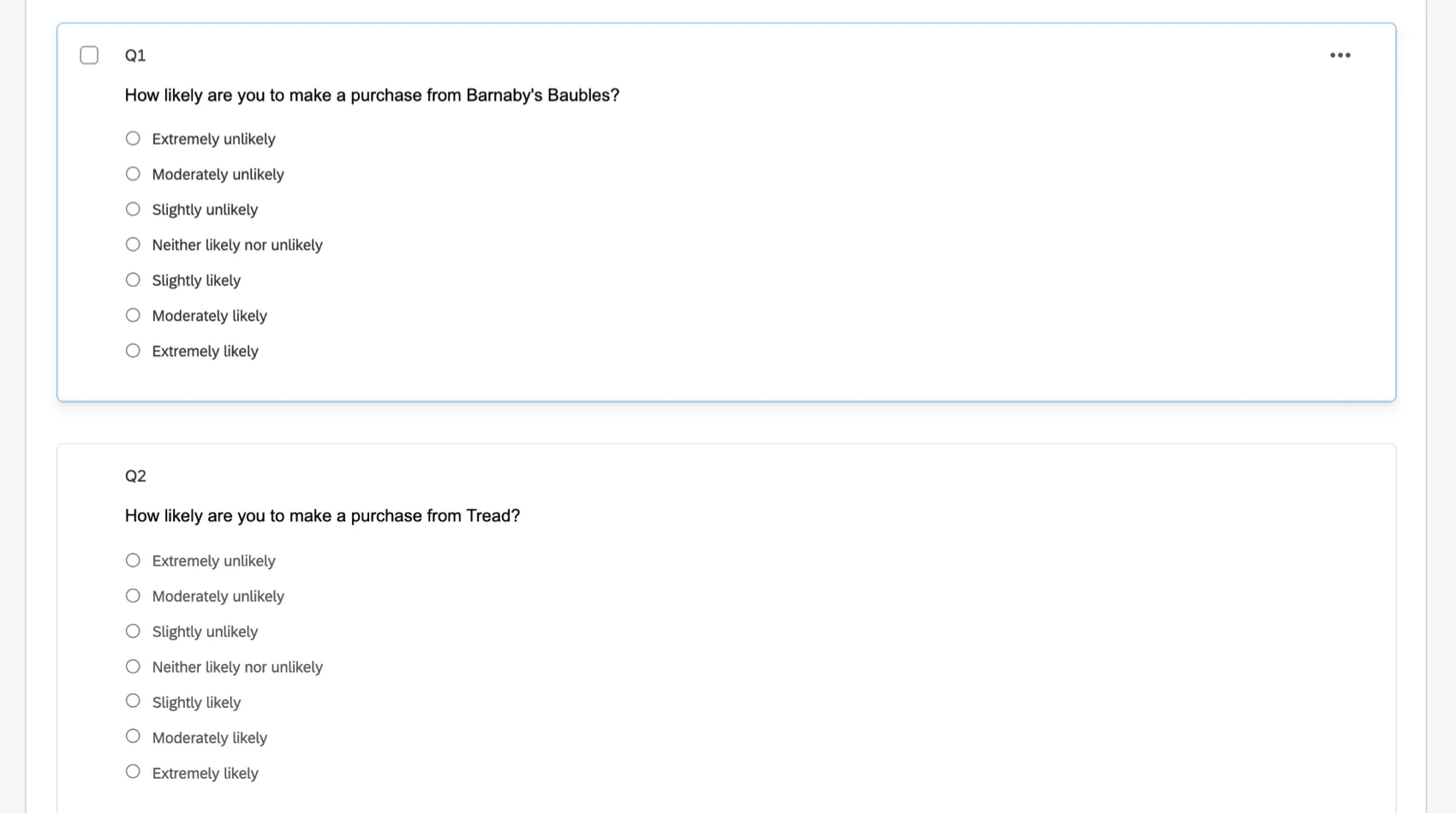 バーナビーのスレッドから購入する可能性は？すると答えは、可能性が極めて高いものから、可能性が極めて低いものまである。そして、別の架空のブランドには別の質問がある。