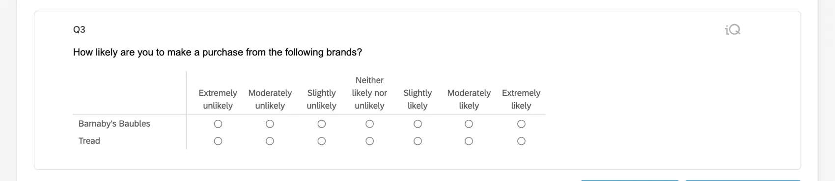 As mesmas perguntas, em uma tabela matriz - isso as torna mais parecidas com uma grade, com as respostas na parte superior e as perguntas listadas à esquerda