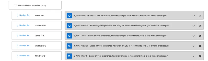 Perguntas do NPS, nomeadas pela marca que cobrem, mapeadas em um dashboard dados