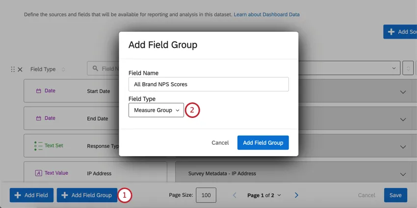 Inside dashboard data page. Bottom-left is a blue add field group button. Opens a new window where you name the group and choose the type
